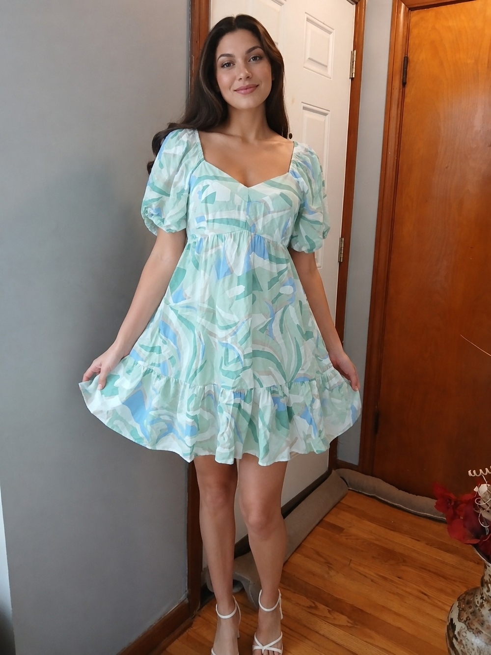 Nine West Smocked Pastel Mint Puff-Sleeve Mini Dress Multi Color Women's XS